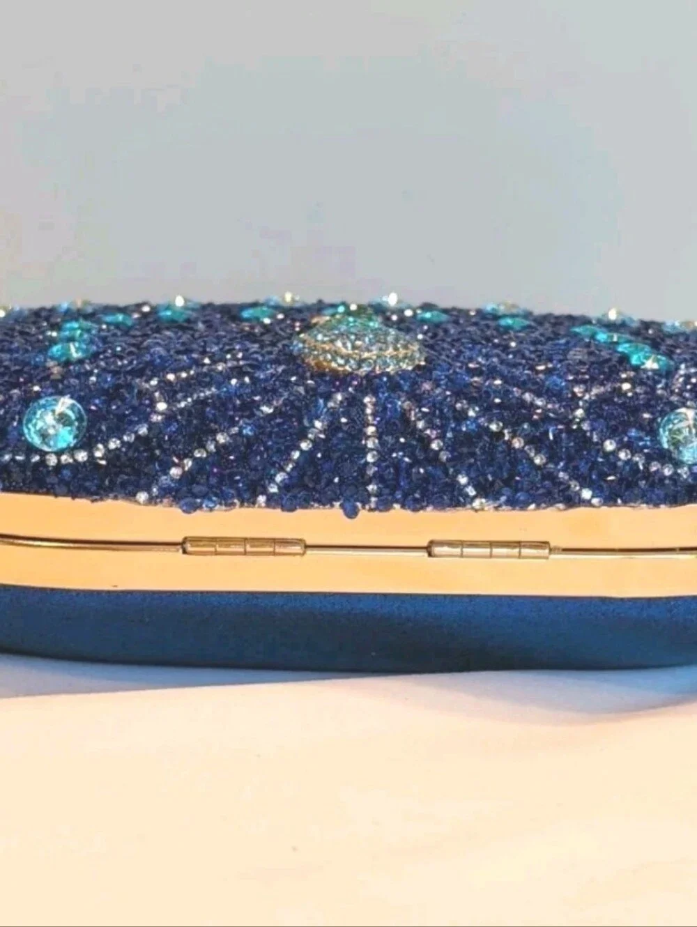 Purse Peacock Blue & Green Crystal Beaded Clutch Detachable Chain & Handle 8